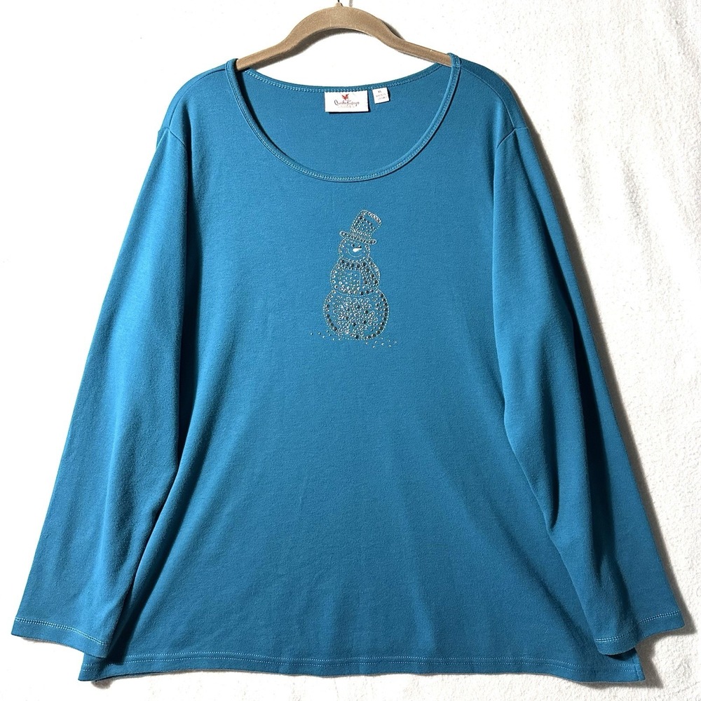 Quacker Factory XL Teal Silver Studded Snowman‎ Top Shirt